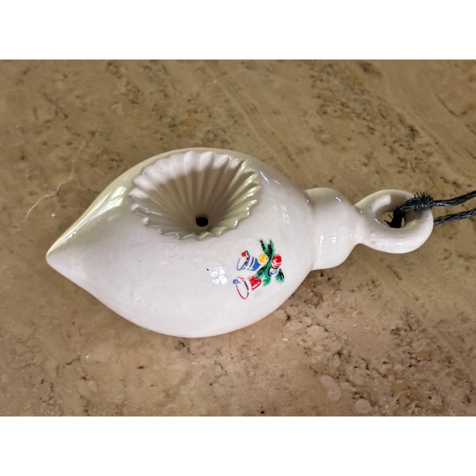 Vintage White Ceramic Teardrop Christmas Ornament with Bells Holly Decal