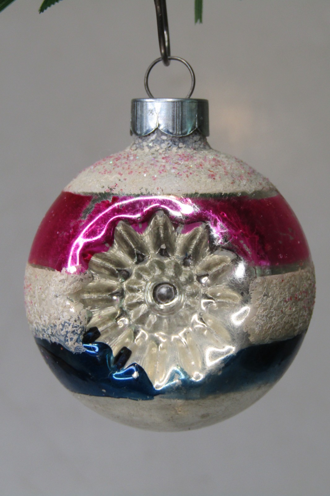 VTG Glass Dbl Indent STAR Mica Confetti Patriotic BALL Christmas Ornament Franke