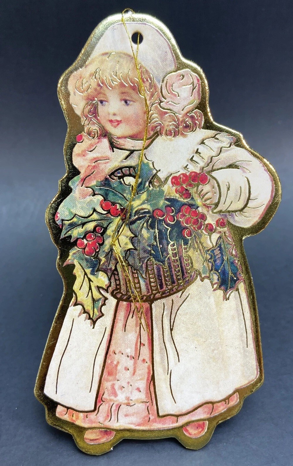 Vintage Christmas Ornament Paper Die Cut Victorian Little Girl Holly Merrimack