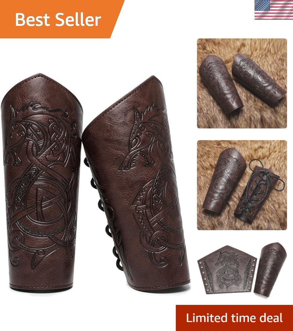 Medieval Leather Bracers Dragon Embossed Viking Leather Bracers Leather Arm A...
