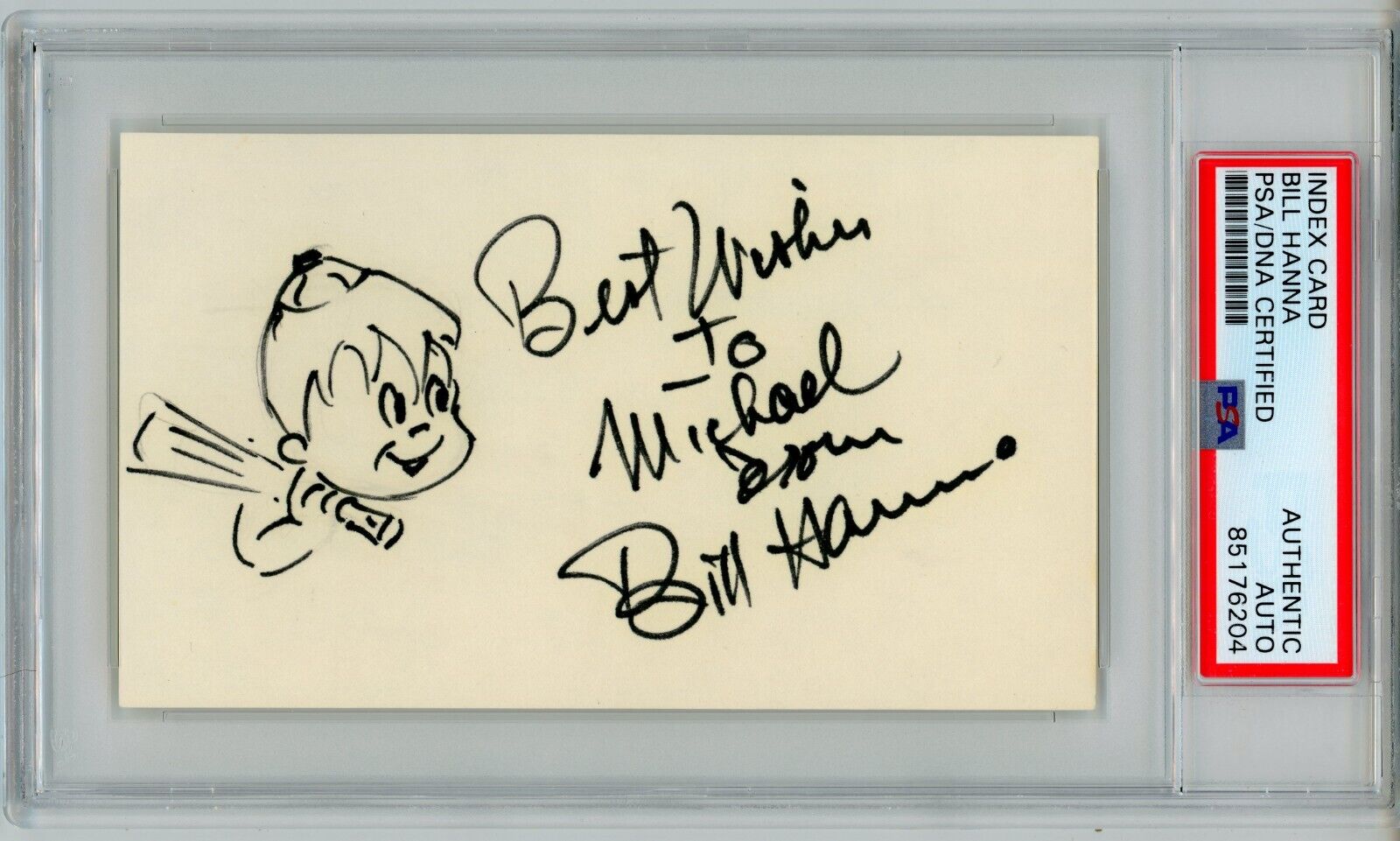 William (Bill) Hanna ~ Signed & Drawn The Flintstone Sketch Index Card ~ PSA DNA