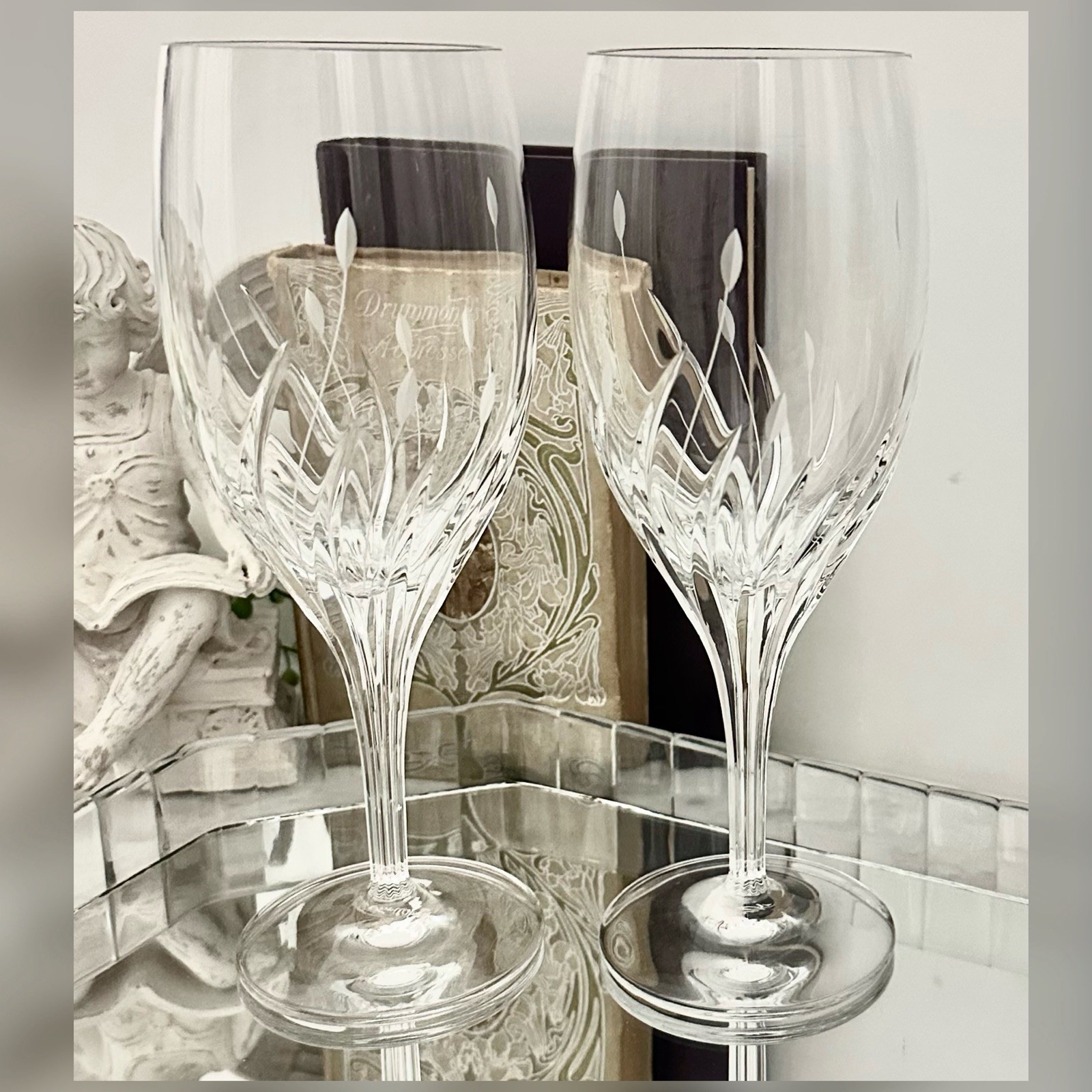 Noritake Moondust Iced Tea Glasses Pair Swirl Cut Crystal Germany 8.5\
