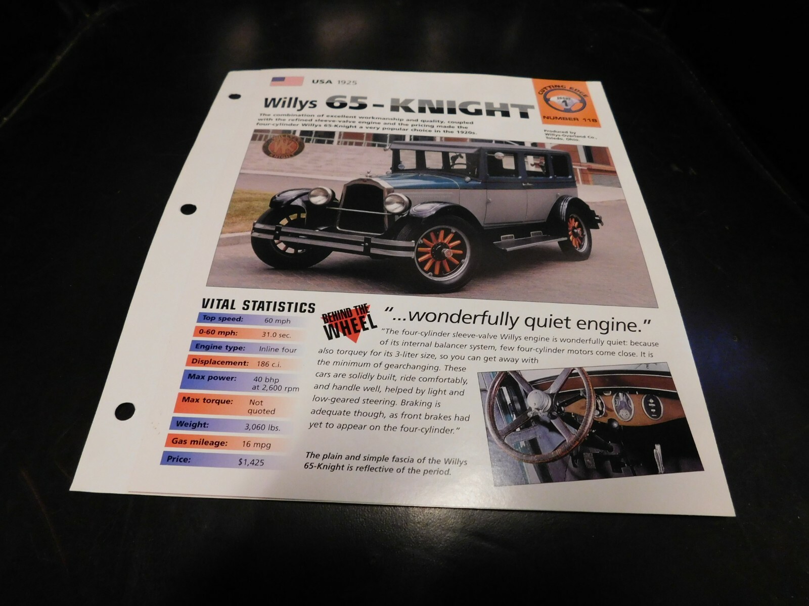 1925 Willys 65-Knight Spec Sheet Brochure Photo Poster 