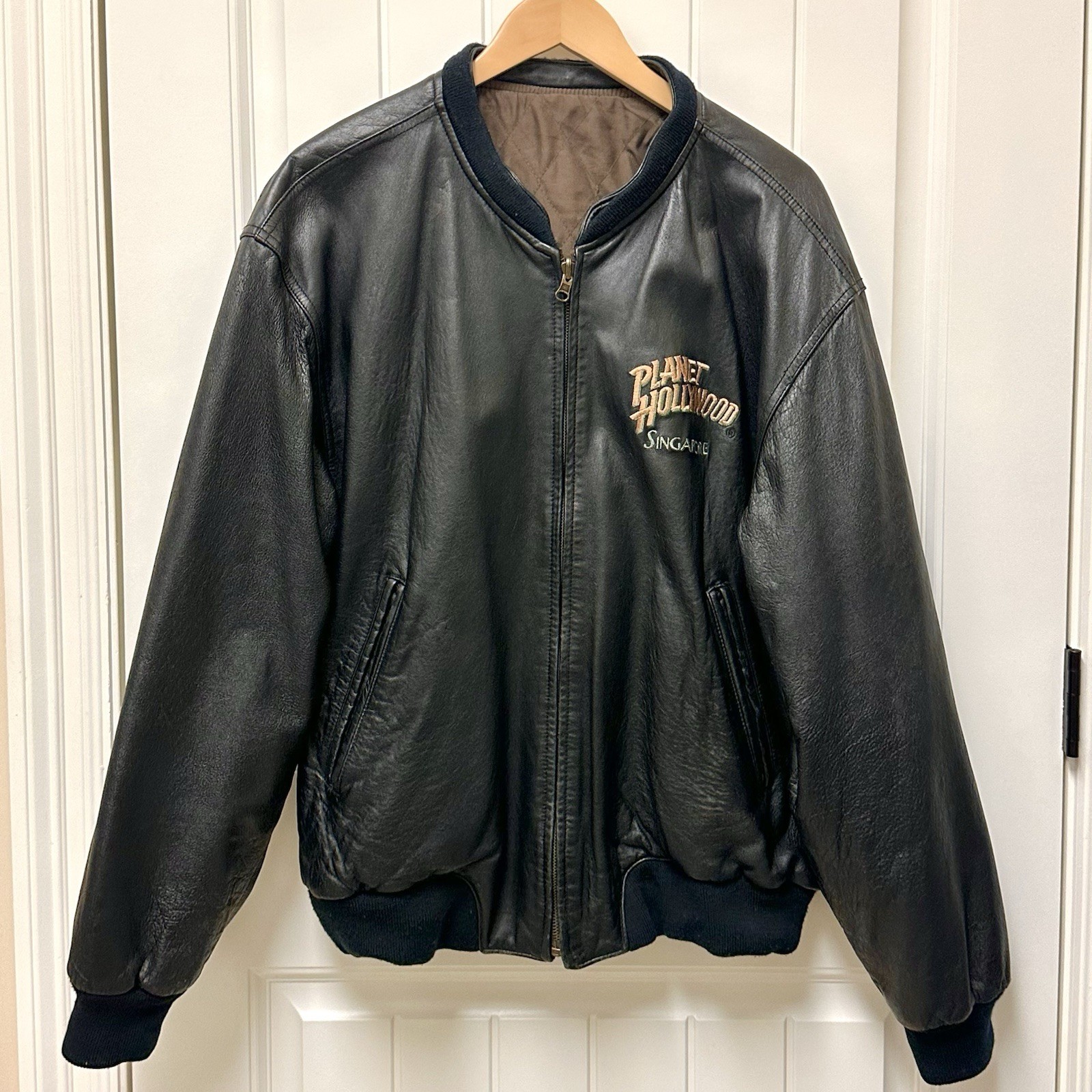 Rare Planet Hollywood Reversible Black Leather Jacket Singapore Embroidered