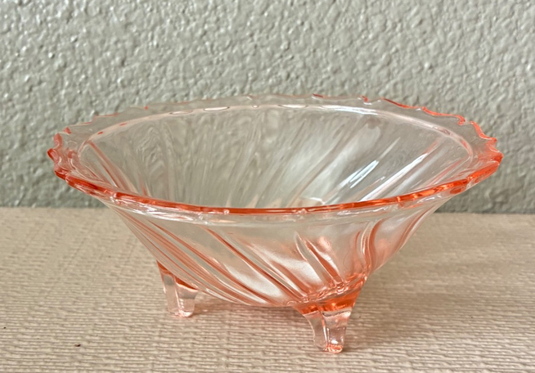 Vintage Jeanette Pink Depression Footed Glass Bowl with Petal Swirl Pattern