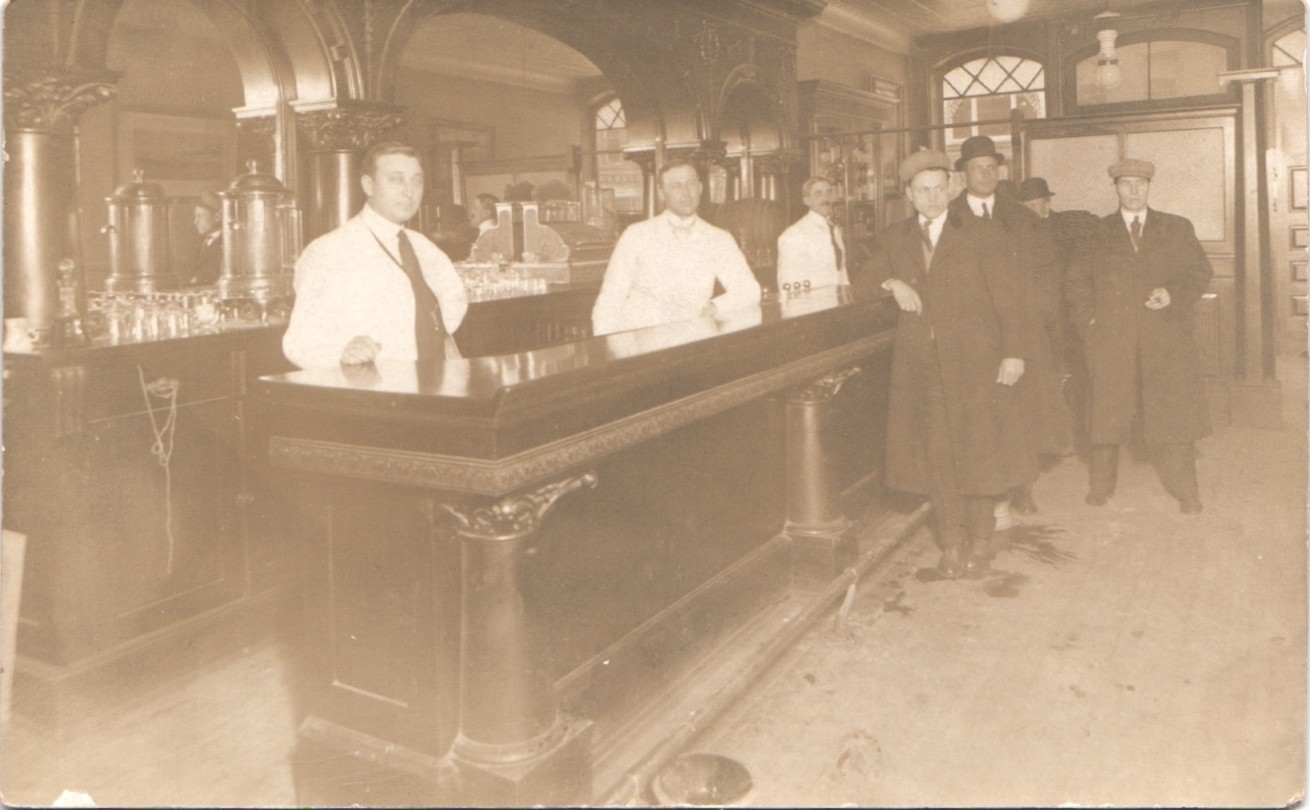MEN AT SALOON BAR c1910 real photo postcard rppc tavern crowd bartender