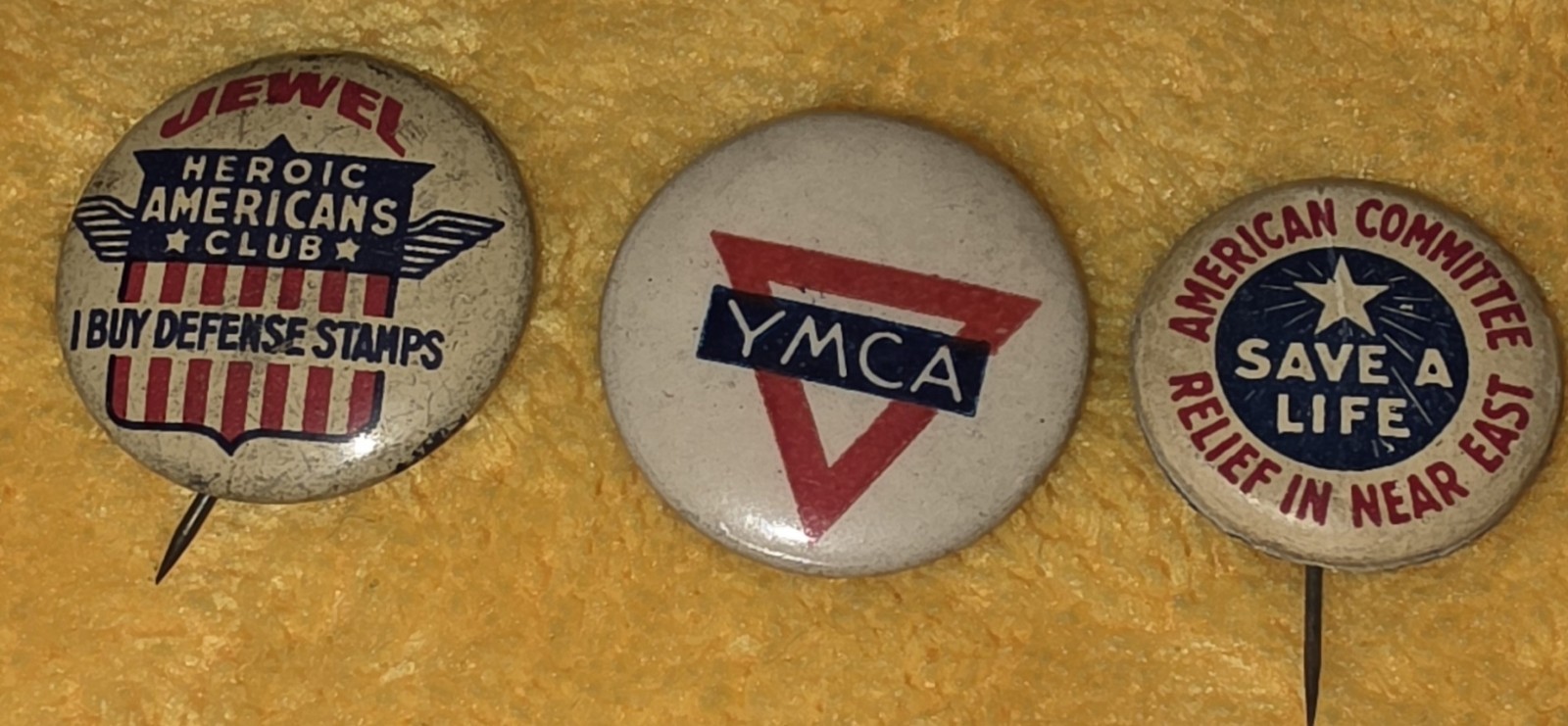 Antique WWI Patriotic Pinback Button Lot Jewel Defense Stamps YMCA Near East