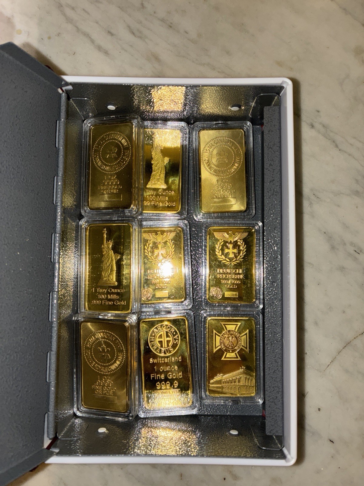 Gold Plated 1oz Bars (9 Count) Historic Mementos Book Safe Included Gold Plated 1oz Bars (9 Count) Historic Mementos Book Safe Included