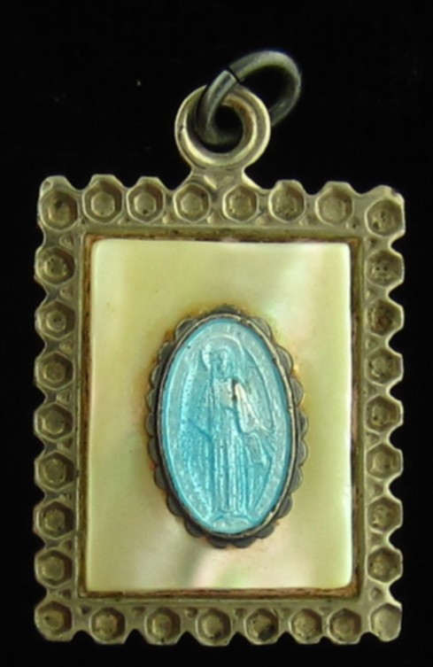 Vintage Mary Medal Sterling Blue Enamel Mother of Pearl Religious Holy Catholic