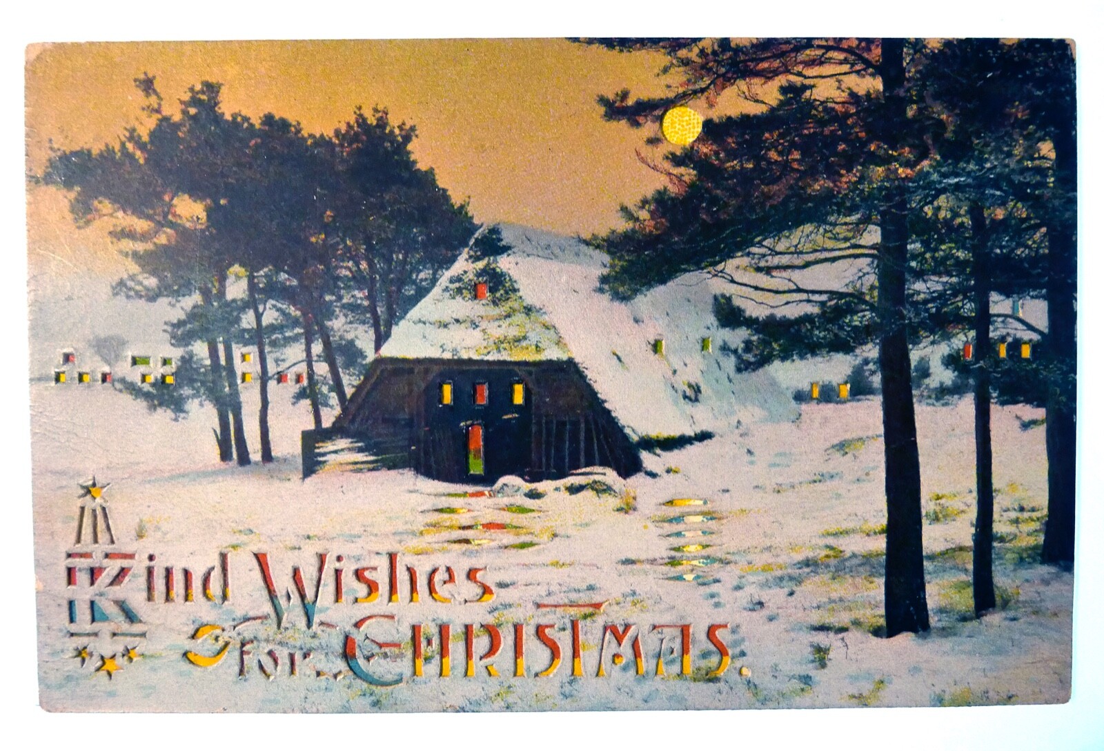 Vintage 1910's House & Winter Scene Hold To Light Antique Christmas Postcard