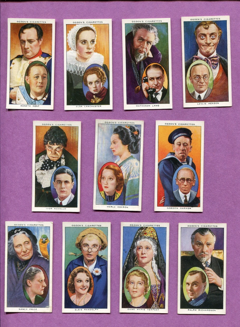1938 OGDENS ACTORS NATURAL & CHARACTER STUDIES 11 TOBACCO CARD LOT