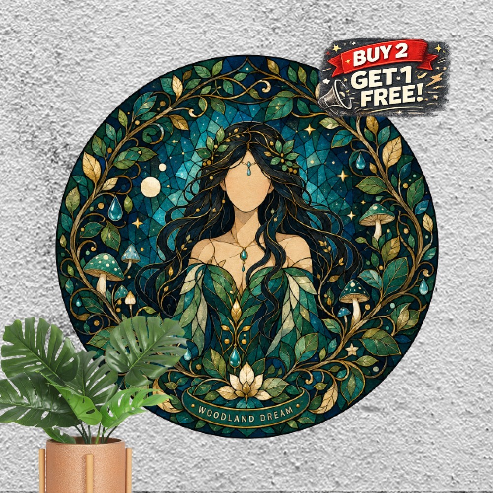 Botanical Leaf Wreath Stained Glass Fairy Metal Tin Sign Whimsical Bedroom Art