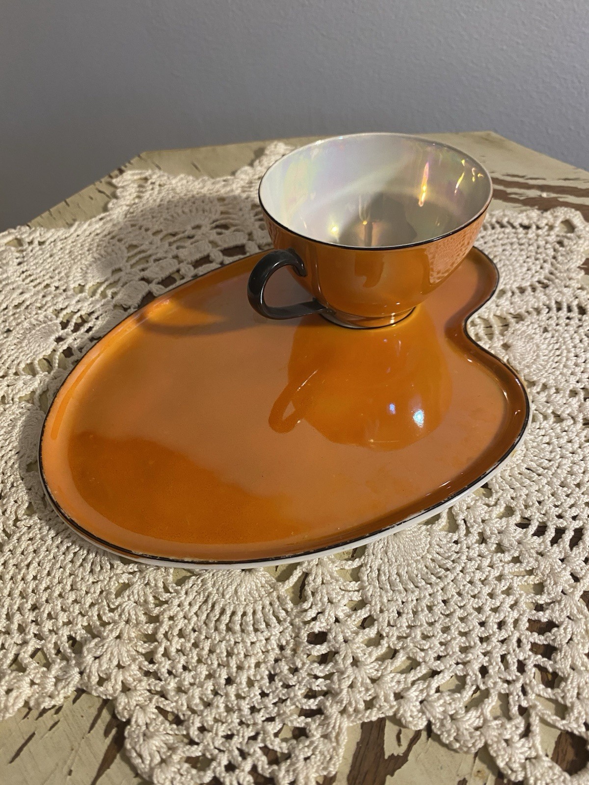 Vintage Czech Phoenix China Lusterware Snack Tray Set Of 6 Orange Yellow Black Vintage Czech Phoenix China Lusterware Snack Tray Set Of 6 Orange Yellow Black
