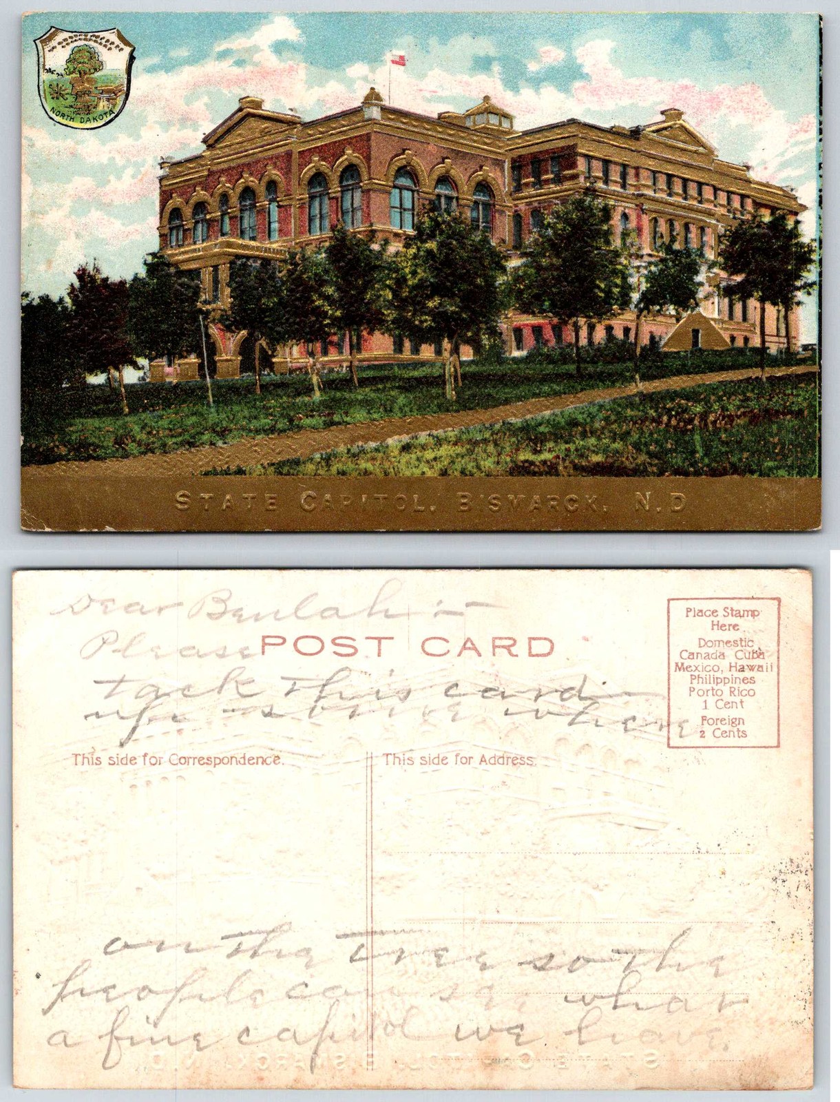 Bismarck North Dakota Capitol State Seal Gold Highlights Embossed Postcard AE291