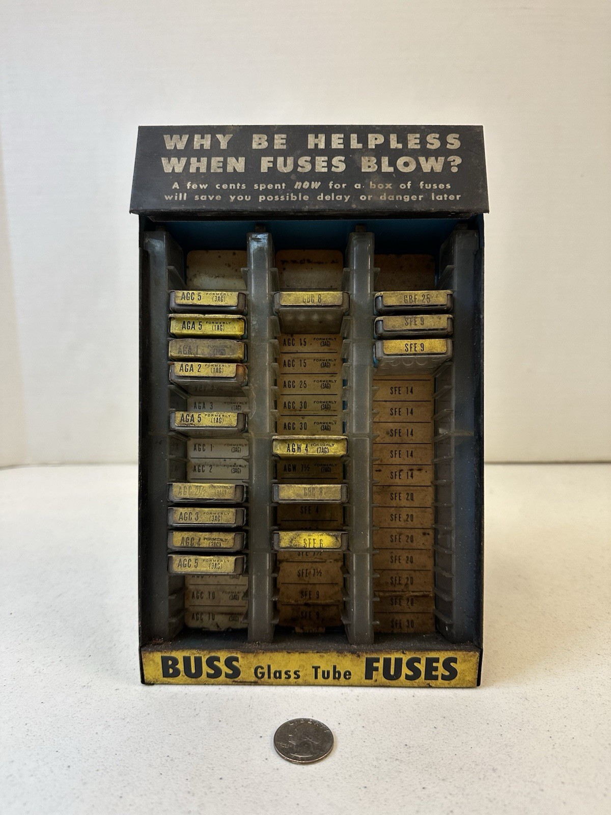 Vintage 1950s BUSS Glass Tube Fuses Advertising Display Cabinet 16 Tins