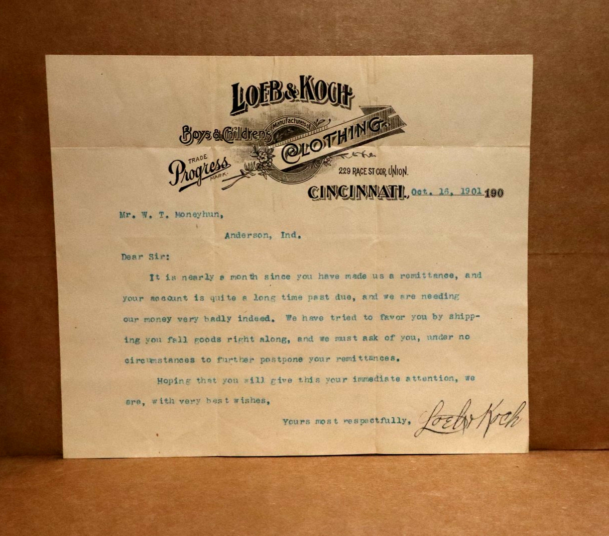 Cincinnati, OHIO Loeb & Koch Boys & Children's Clothing Antique Letterhead 1901