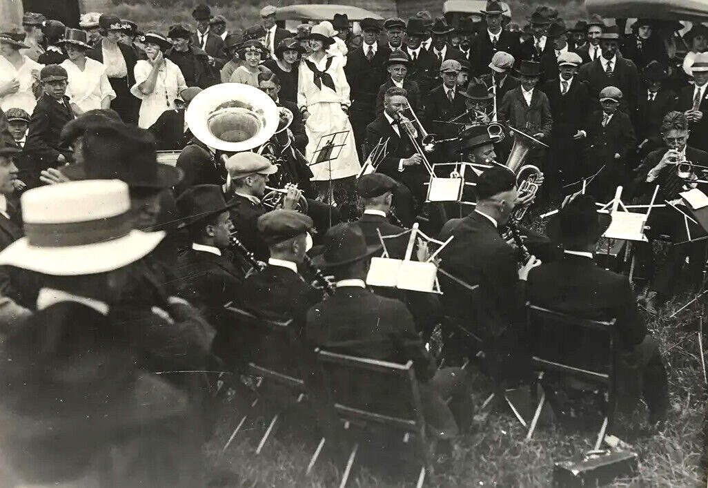 Vtg RPPC Edwardian Musical Band Concert Outdoors Crowd Instruments