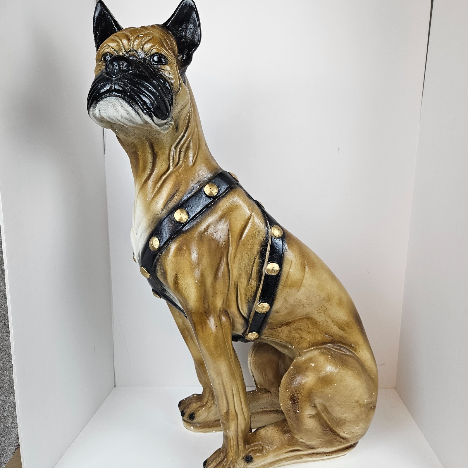 Vintage Life Size Boxer Dog Statue Harness Chalkware 27\