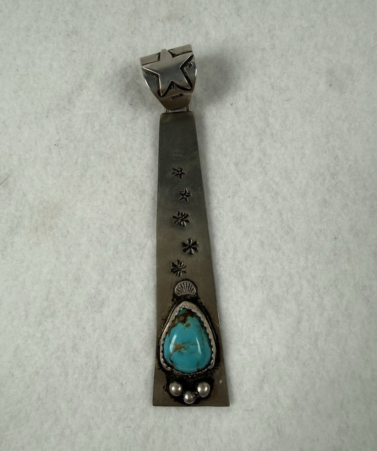 LARGE Signed Sterling Silver Turquoise Pendant w/ Star Bail, Stamped Design, 5in