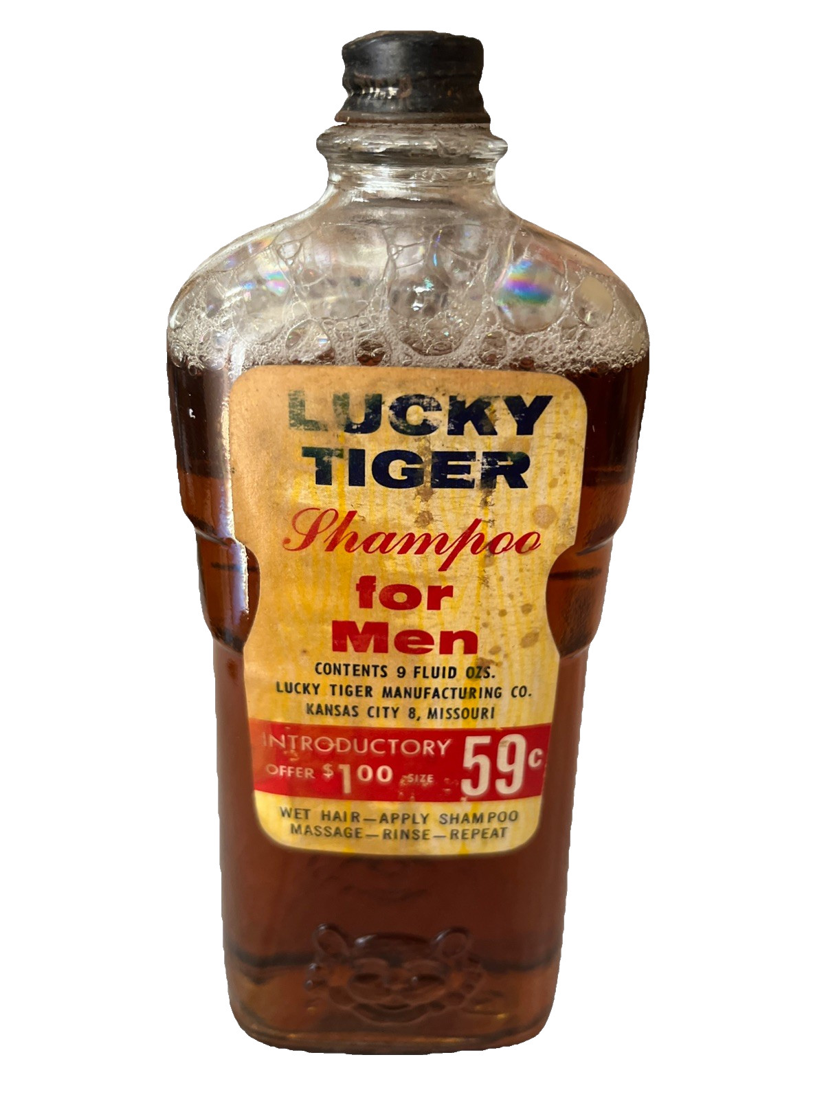 Nos Vintage LUCKY TIGER Shampoo for MEN, Full Glass Bottle Embossed Tiger barber