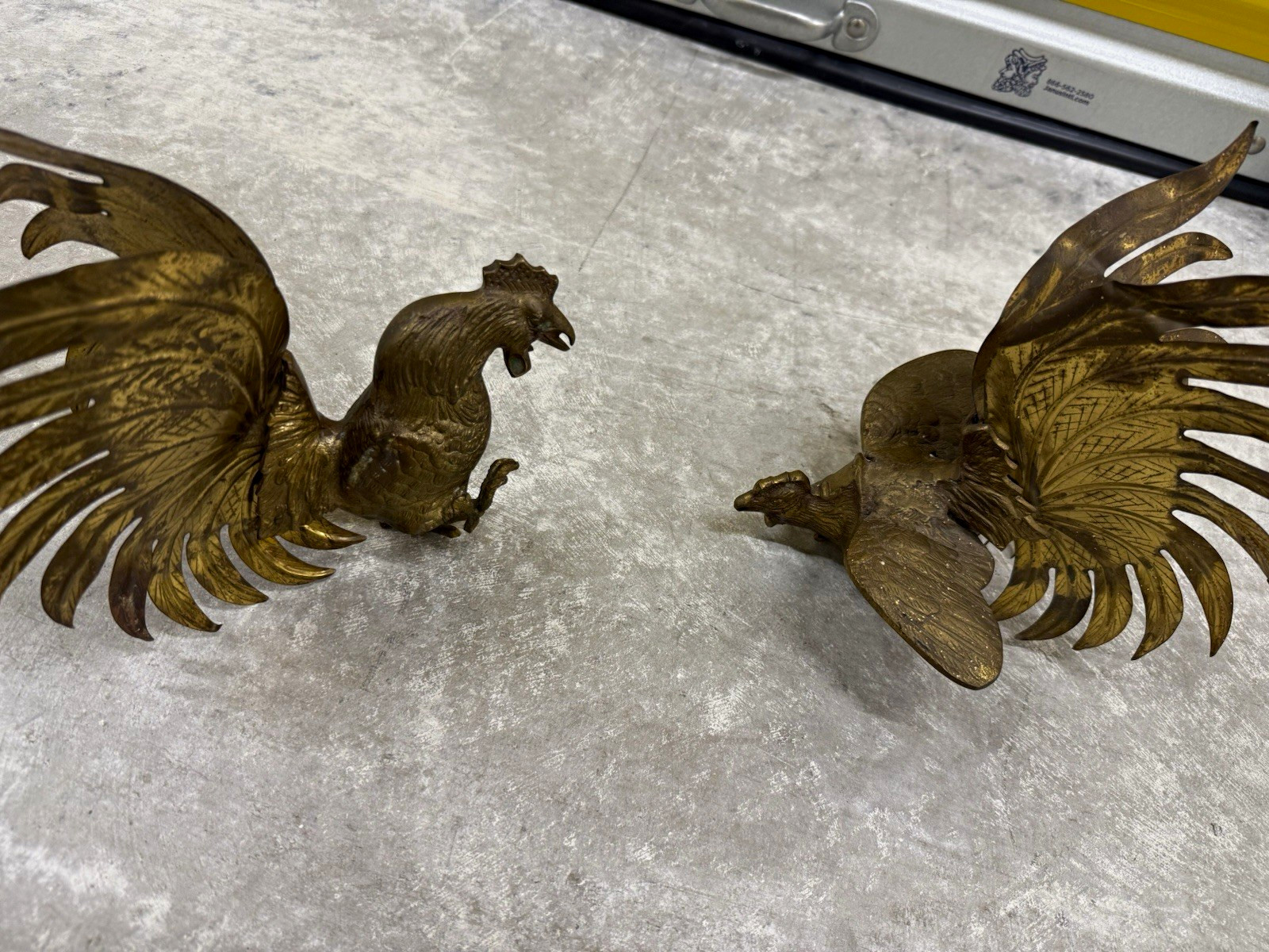 Pair Metal Chicken Rooster Figurine Statues with Large Tail Feathers