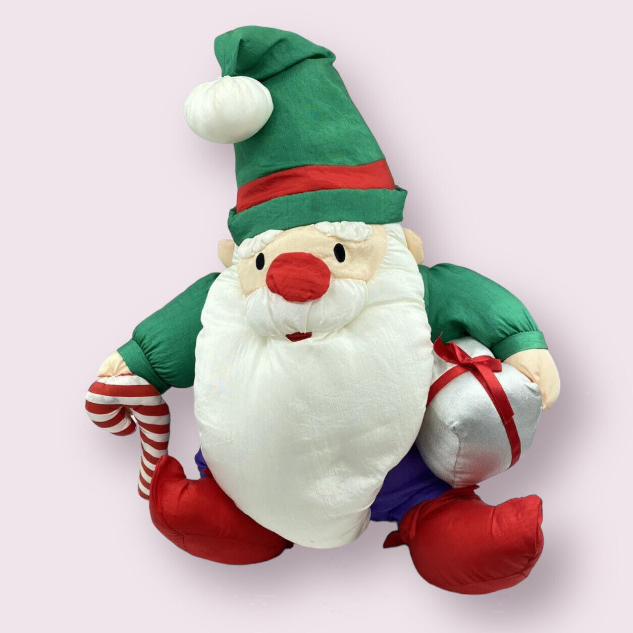 Vtg Puffy Nylon SANTA CHRISTMAS ELF Candy Cane & Gift Stuffed Doll Holiday 90s