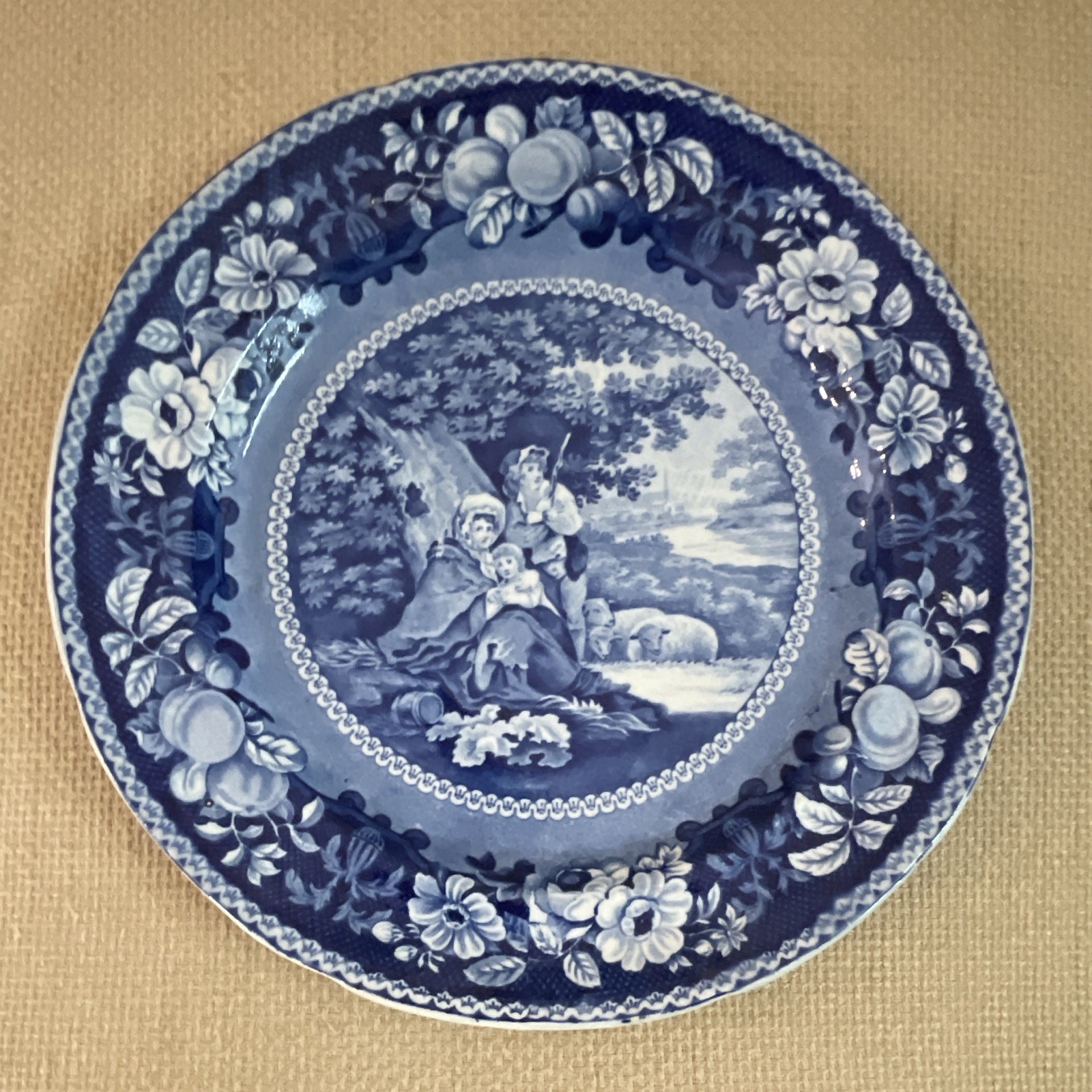 Vintage Blue/white Plate with Peasants Taking Shelter under Tree with Sheep