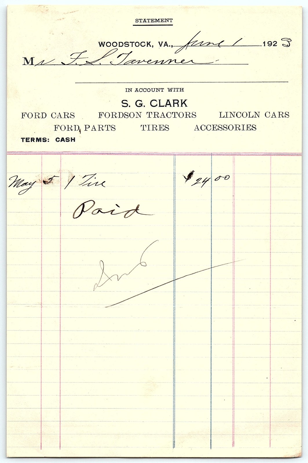 1923 S.G. Clark Ford Lincoln Woodstock VA billhead, paid