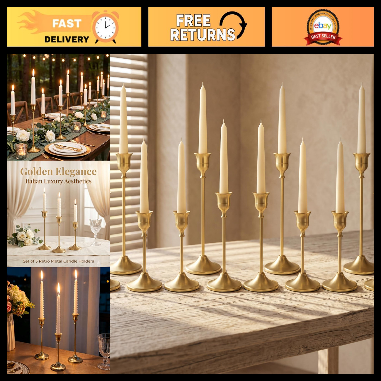 12 Pcs Vintage Gold Candlestick Holders - Tall Metal Taper Stands for Weddings &
