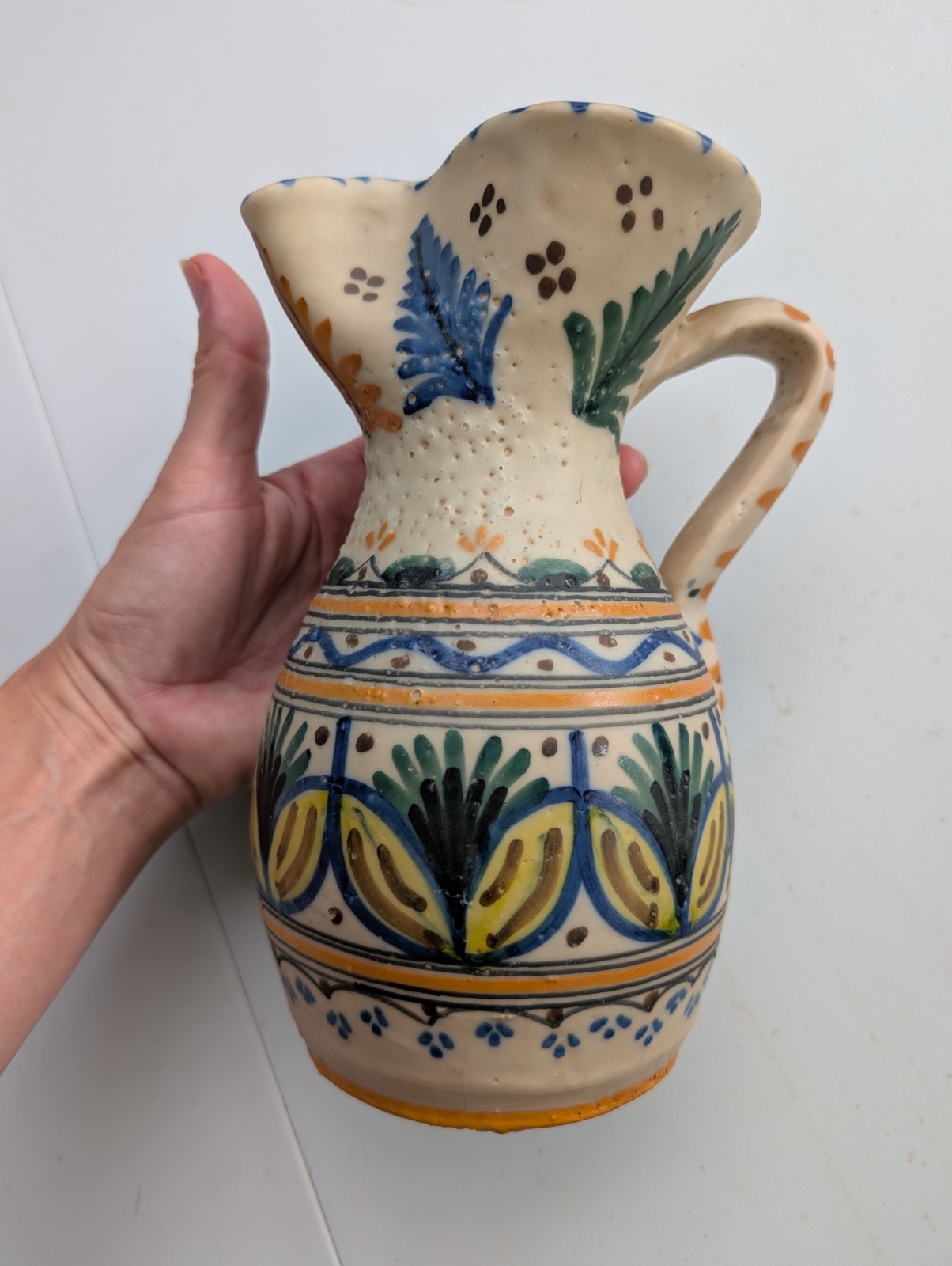 VTG Toledo GM Spain Hand Painted Pottery Pitcher Sangria Jug Folk Art Textured