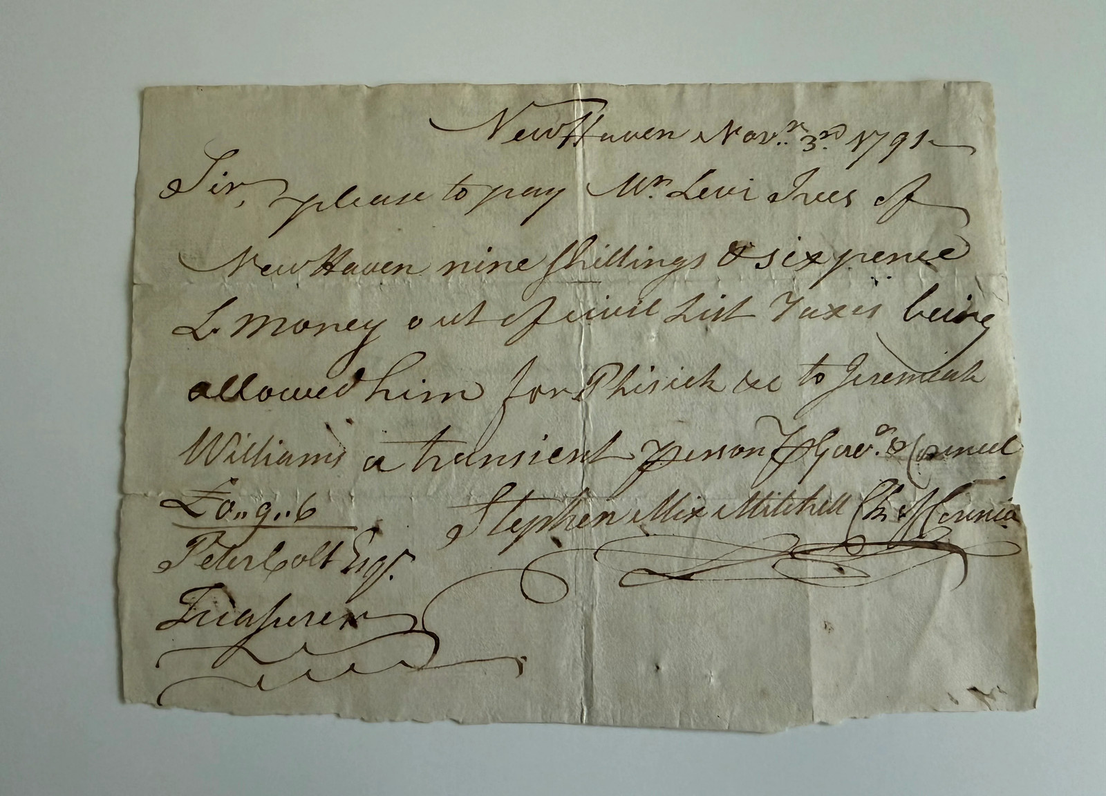1791 Connecticut Civil List Payment Order — Possible Revolutionary War / Bunker