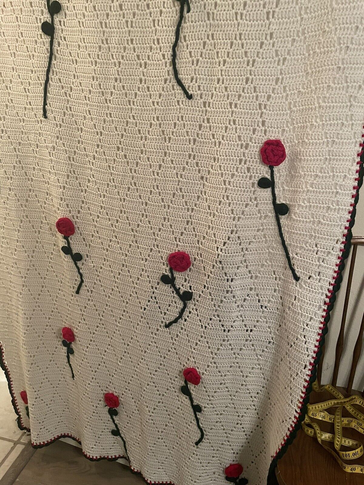 Vintage Crocheted Handmade 3D Red Flower Rose Blanket  77x36