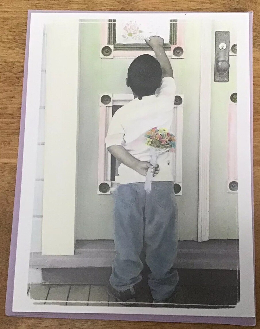 VTG LEANIN’ TREE Notecard, Boy With Bouquet At Front Door, Hand-Tinted Photo