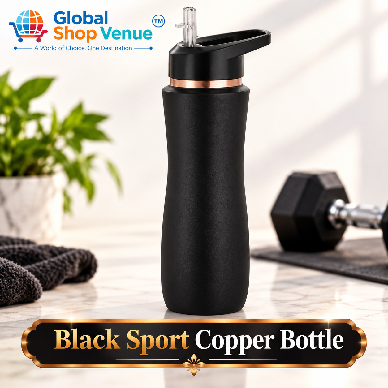 Premium Black Sport 100% Copper Water Bottle – Travel & Fitness Bottle 33.81 oz