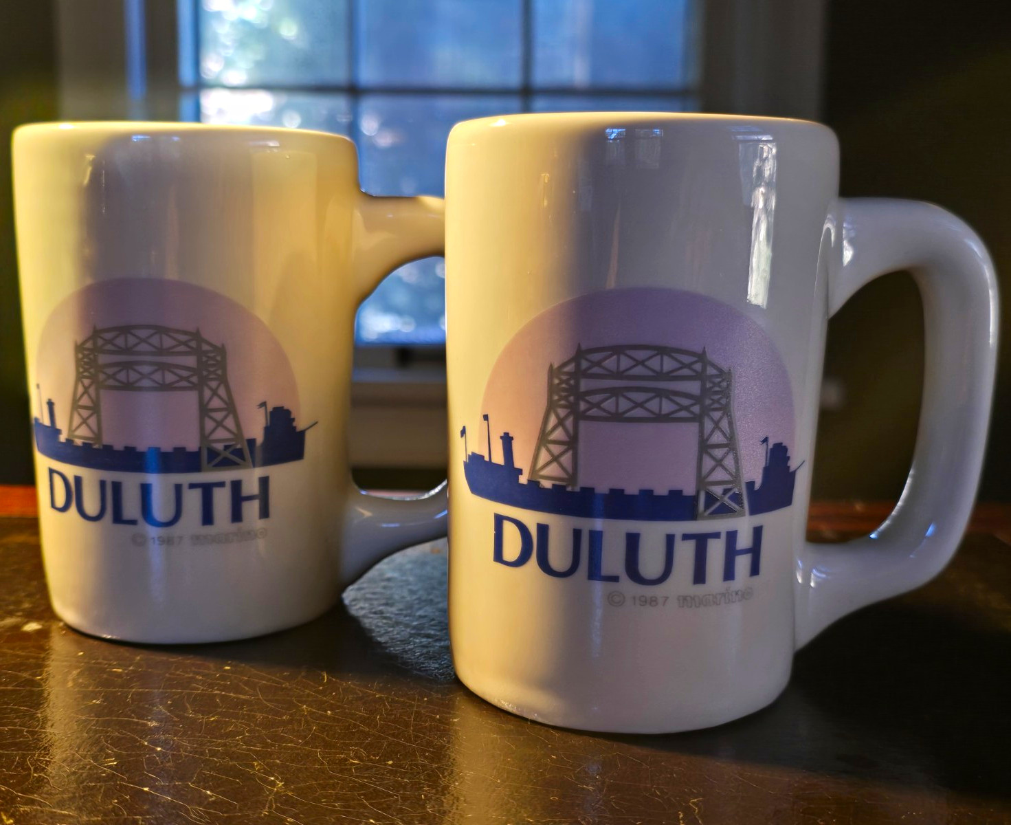 Vintage Hall China 1987 Duluth MN Aerial Lift Bridge Mugs Set of 2 USA Souvenir