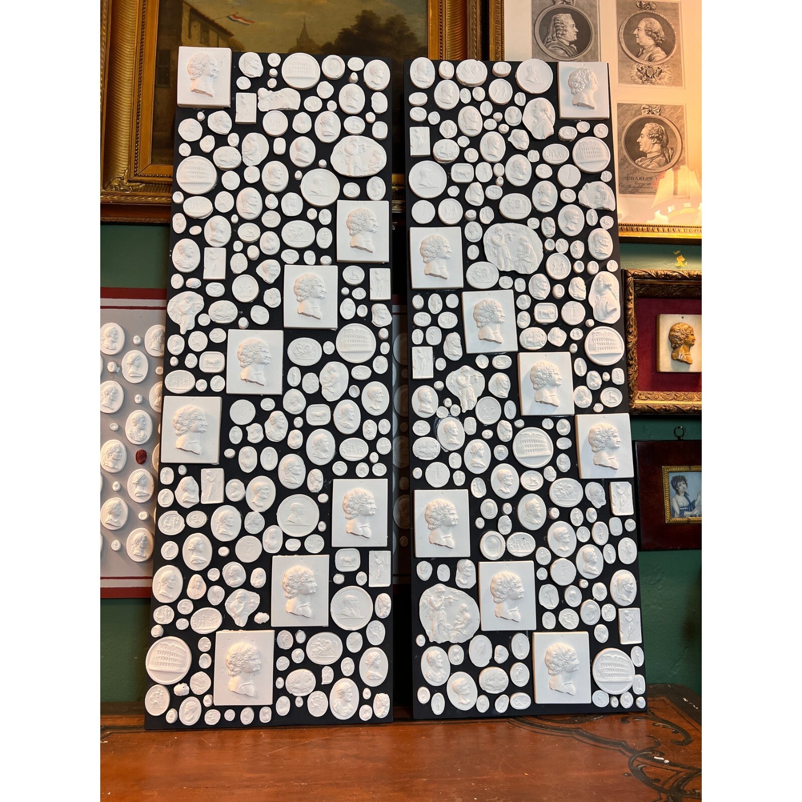 Large Pair of Grand Tour Revival Classical Intaglio & Cameo Casts & Wood panels