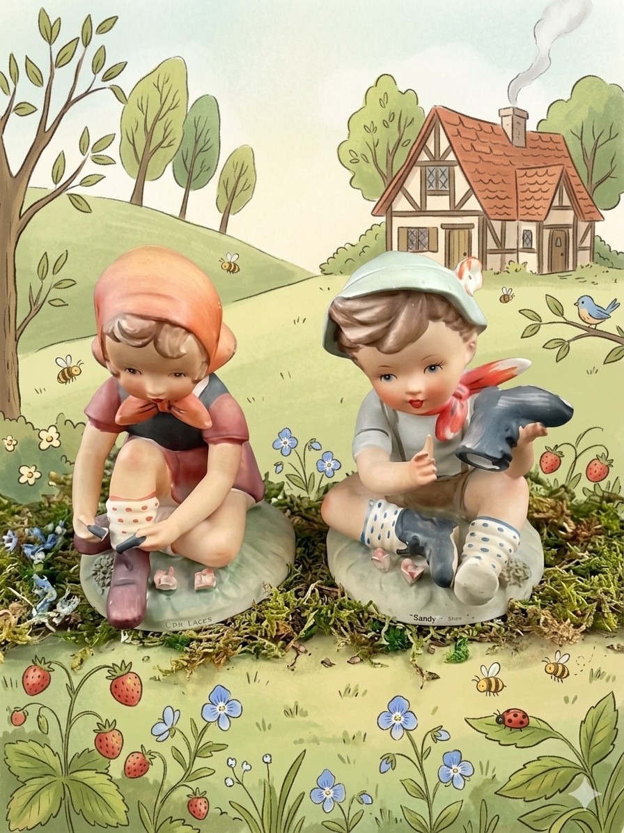 Vintage Erich Stauffer Arnart Figurines Pair Open Laces & Sandy Shoes Japan...