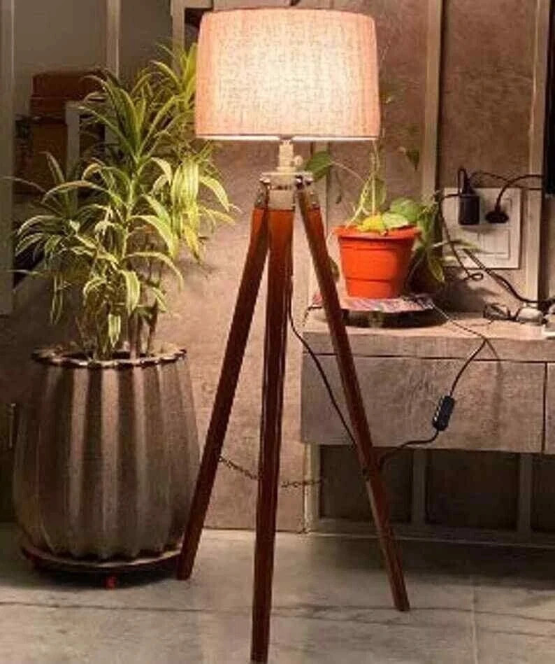 Antique Vintage Wooden Tripod Stand Floor lamp For Home Office Decor