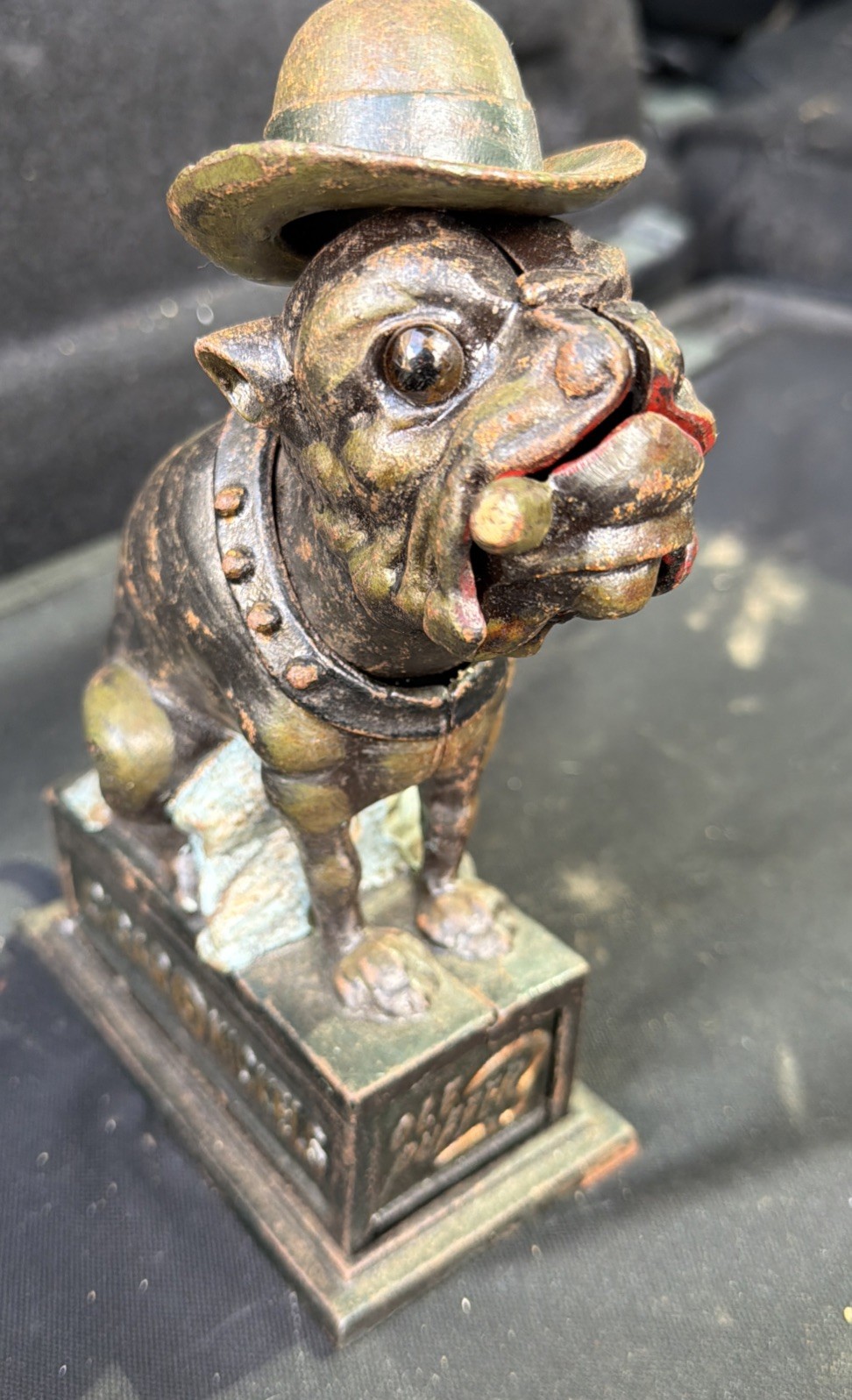 Ole Puffer Bulldog Cigar Cast Iron Mechanical Bank, 5 Cent Cigar Bank works 
