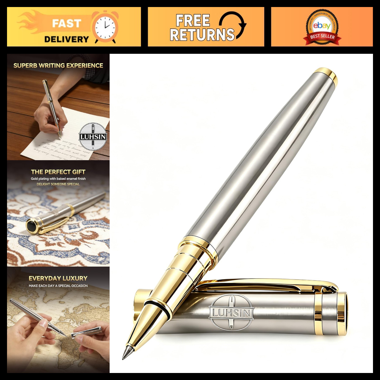 Premium Metal Rollerball Pen with Gold Trim - 0.5mm Smooth Gel Ink, Leak-Proof,