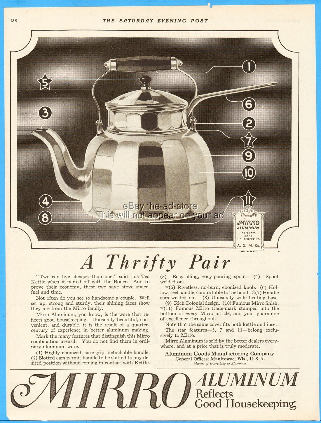 1919 Aluminum Goods Manitowoc WI Mirro Tea Kettle Kitchen Decor Vintage Ad