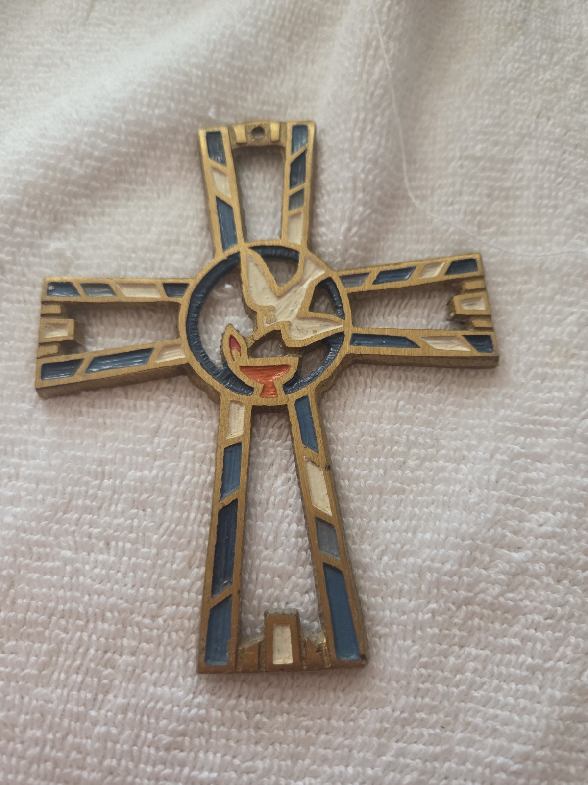 Vintage Terra Sancta Guild Brass Enamel Cross with Dove- Israel
