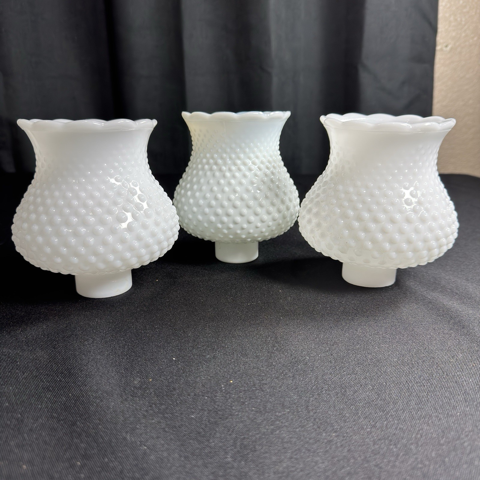 3  Vintage 5 1/4” Milk Glass Hobnail Scalloped Top Hurricane Lamp Shade
