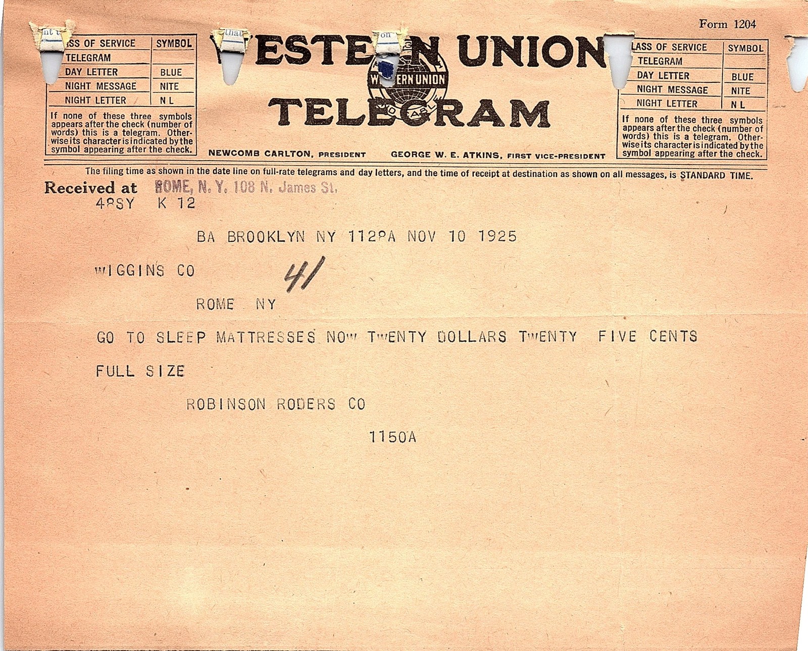 1925 Western Union Telegram: Mattresses for $20.25