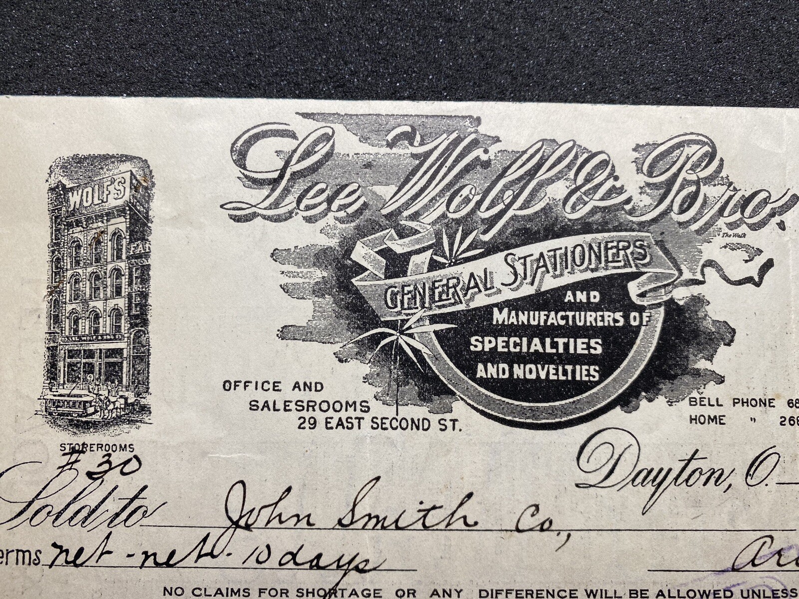 Vtg 1924 Lee Wolf & Bro General Stationers Dayton Ohio Letterhead 