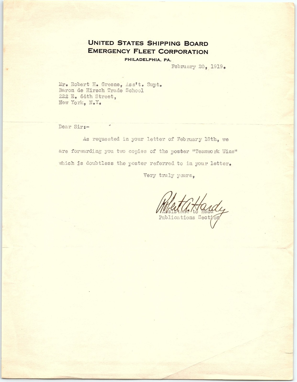1919 US Shipping Board letter re: \'Teamwork Wins\' poster