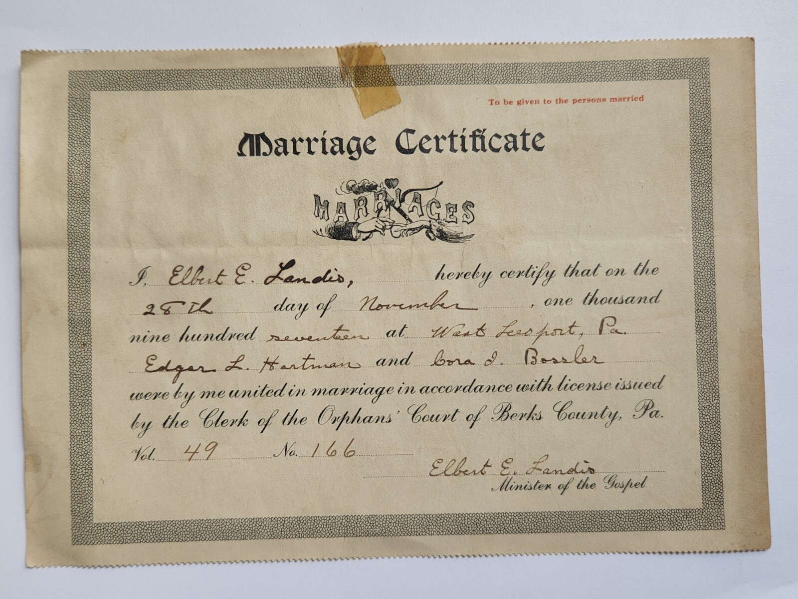 Antique 1917 Marriage Certificate - West Leesport PA, Berks County Pennsylvania Antique 1917 Marriage Certificate - West Leesport PA, Berks County Pennsylvania