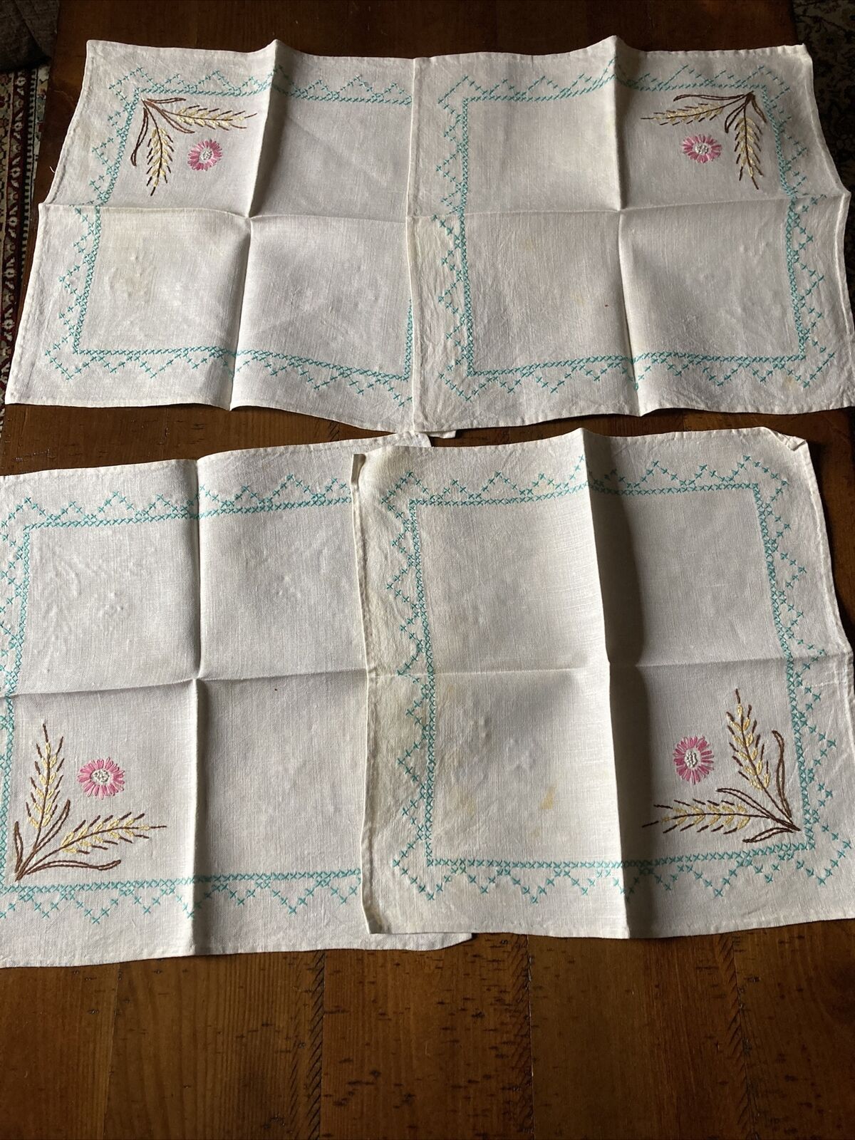Vintage Linen Squares Embroidered Set Of 4 Light Stainting