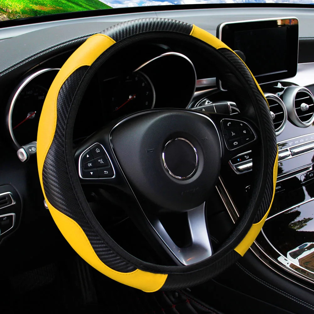 Universal Fit PU Carbon Fiber Leather Car Steering Wheel Cover 14.5-15 Inch