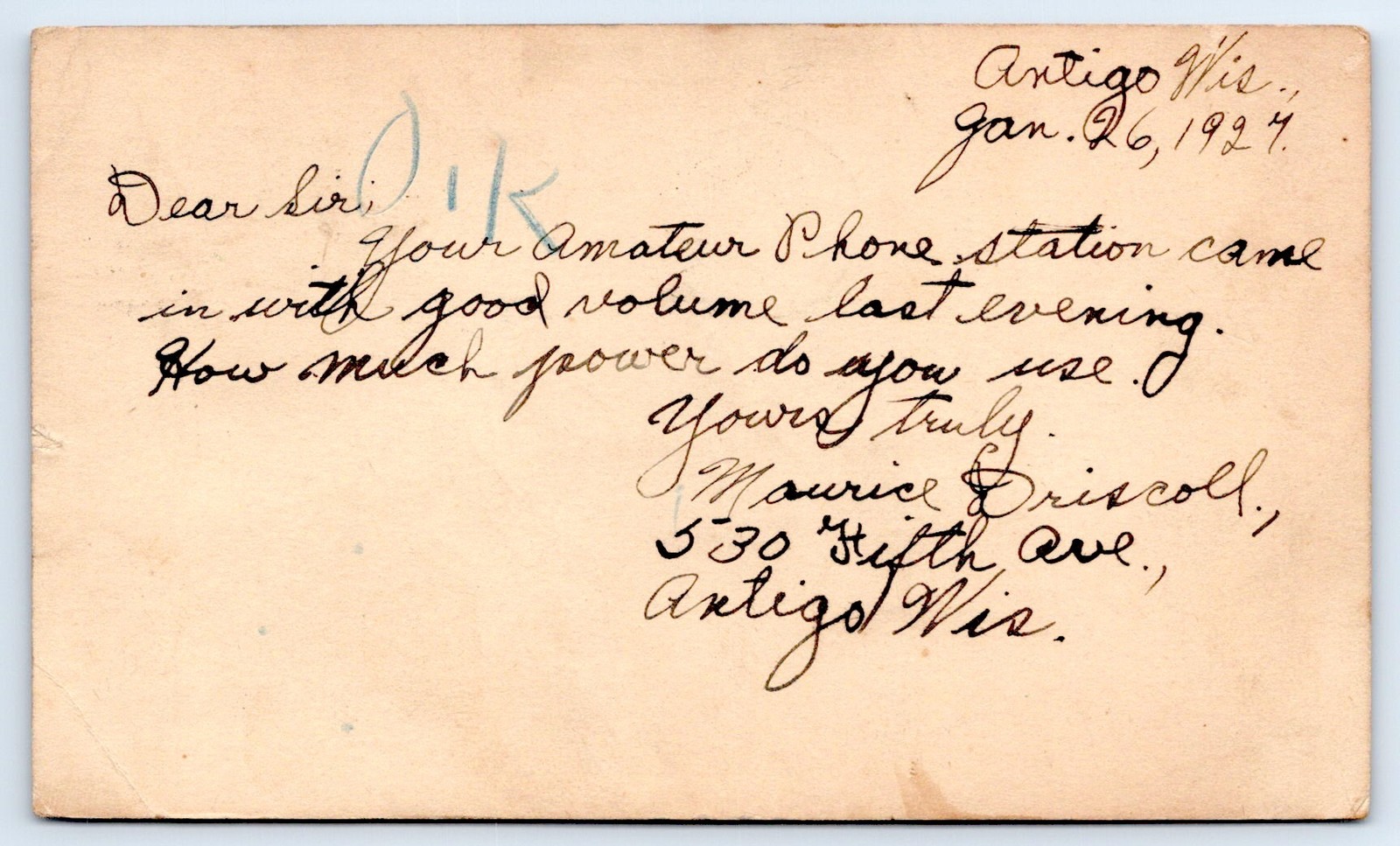 Early 1927 Antigo Wisconsin Langlade County Maurice Driscoll Ham Radio QSL Card